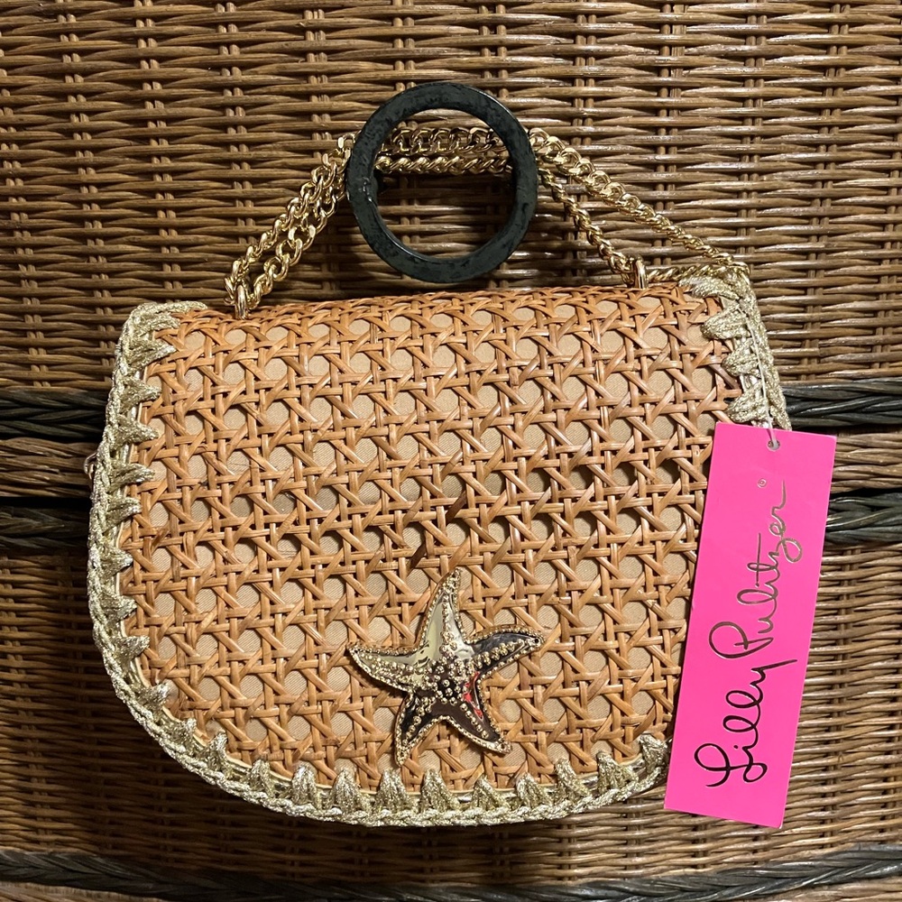BRAND NEW WITH TAGS • Lilly Pulitzer LaConcha Cane Crossbody Natural Gold Sea